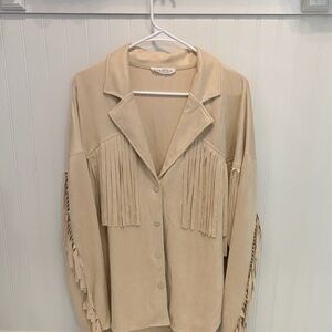 Fringe Faux Suede Button-Up Shirt Jacket in Beige